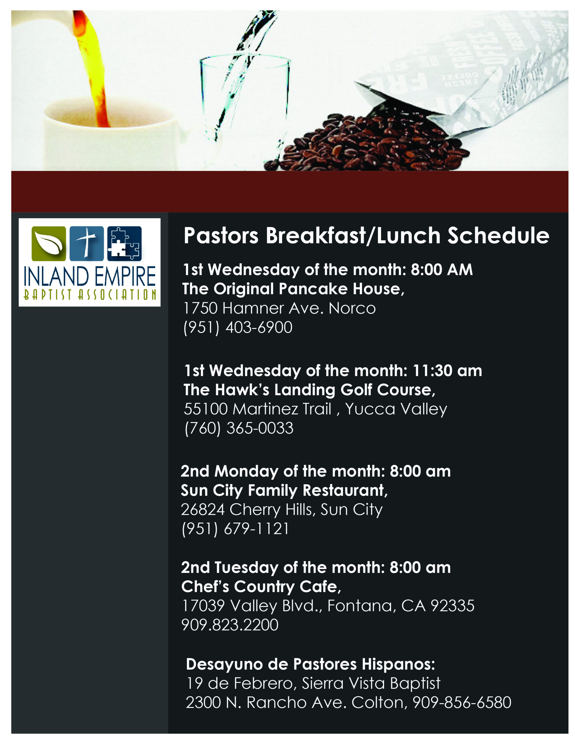Pastor's Breakfast/Lunch Schedule - Inland Empire Baptist Association Pastor's Breakfast/Lunch Schedule - Inland Empire Baptist Association